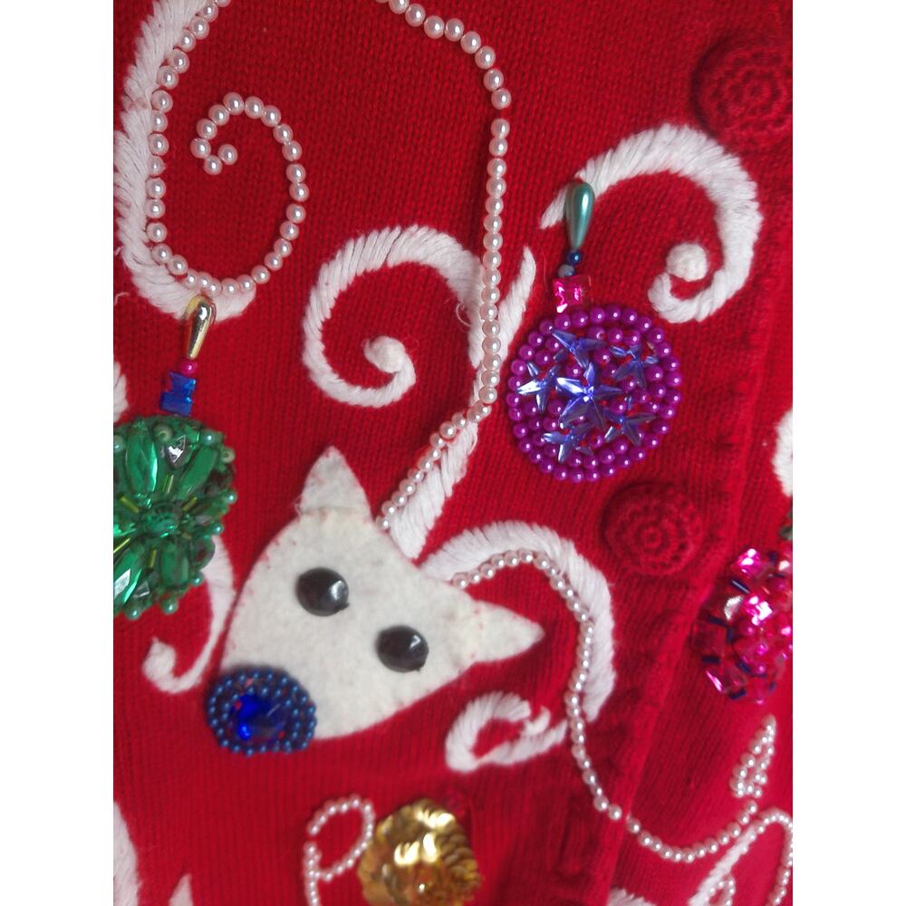 Vtg Michael Simon Red Reindeer Christmas Sweater Cardigan Beaded Wearable Art S - Picture 3 of 7